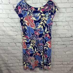 Talbots Women’s Bright Floral Dress Drawstring Waist Blue & Pink Short Sleeve LP